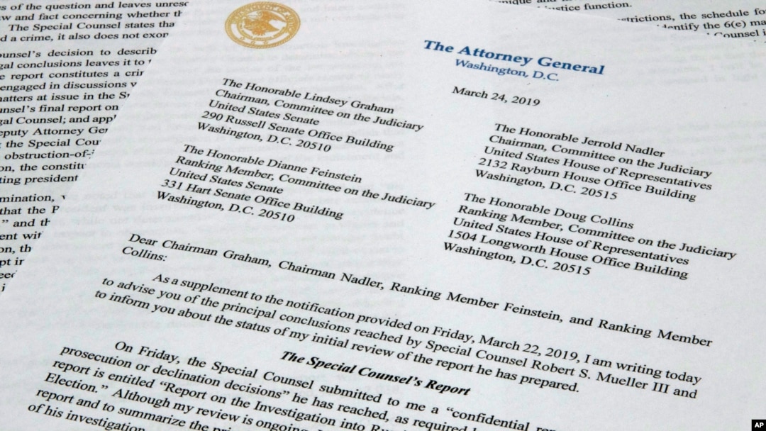 FILE - The letter from Attorney General William Barr to Congress on the conclusions reached by special counsel Robert Mueller in the Russia probe, March 24, 2019.