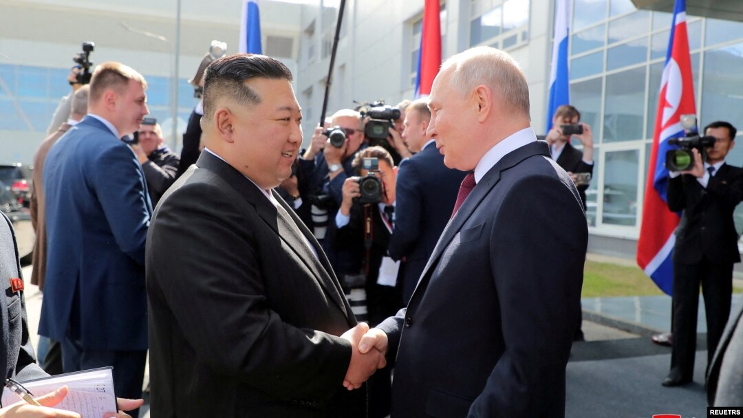 FILE - North Korean leader Kim Jong Un meets Russia's President Vladimir Putin at the Vostochny Cosmodrome in the Amur region in Russia's Far East, Sept. 13, 2023, in this image released by North Korea's Central News Agency.
