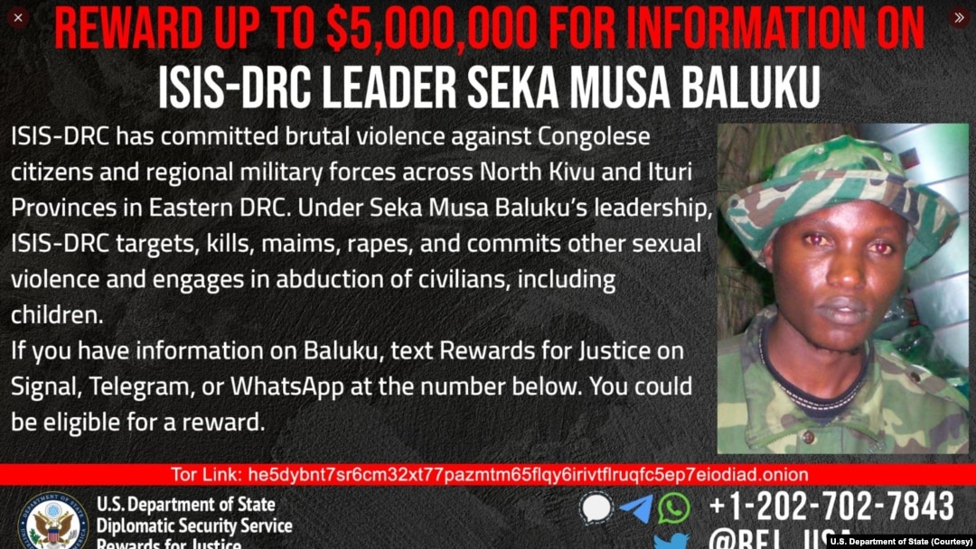 Liyebisi lya Departement d'Etat ya kopesa dollars million mitano na moto akopesa nsango ya Seka Musa Baluku mokambi ya ADF, Isis-RDC to Daesh-RDC, 2 sanza ya misato 2023. (Département d'Etat des Etats-Unis)