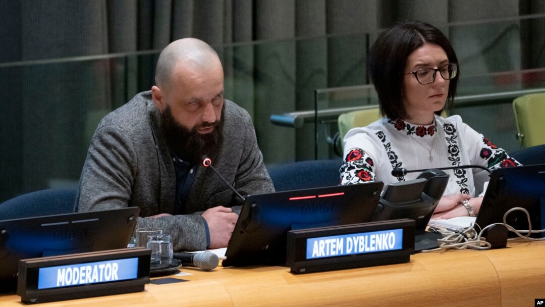 Artem Dyblenko, a Ukrainian soldier who fought in Mariupol and who spent more than four months as a Russian prisoner of war, speaks at the United Nations headquarters in New York about human rights violations, Feb. 22, 2023.