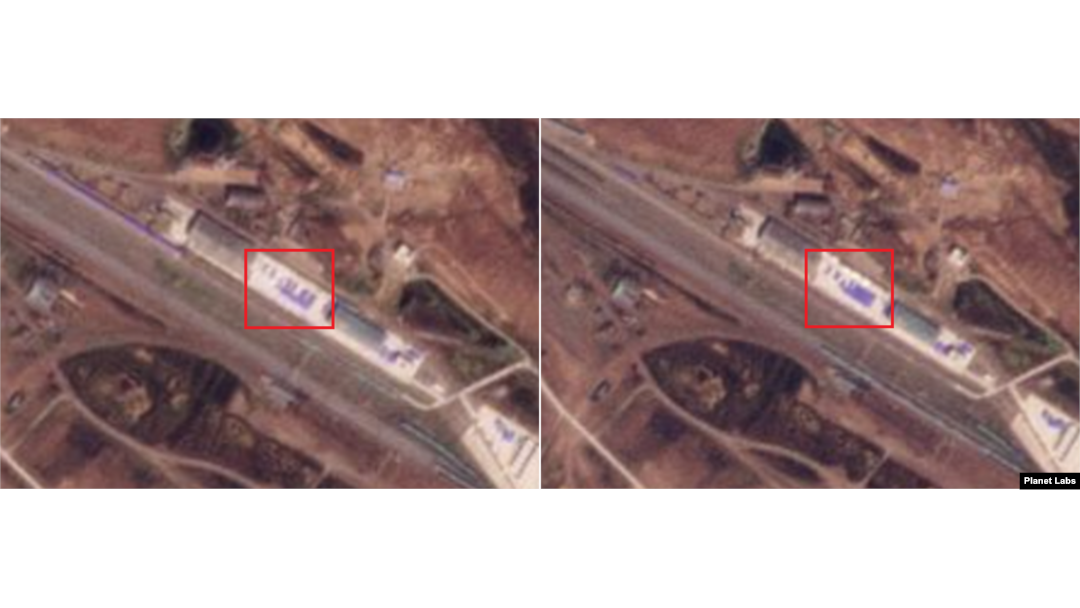 야적장을 촬영한 20일(왼쪽)과 23일 자 위성사진. 적재된 화물의 양이 변했다는 사실을 알 수 있다. 사진=Planet Labs