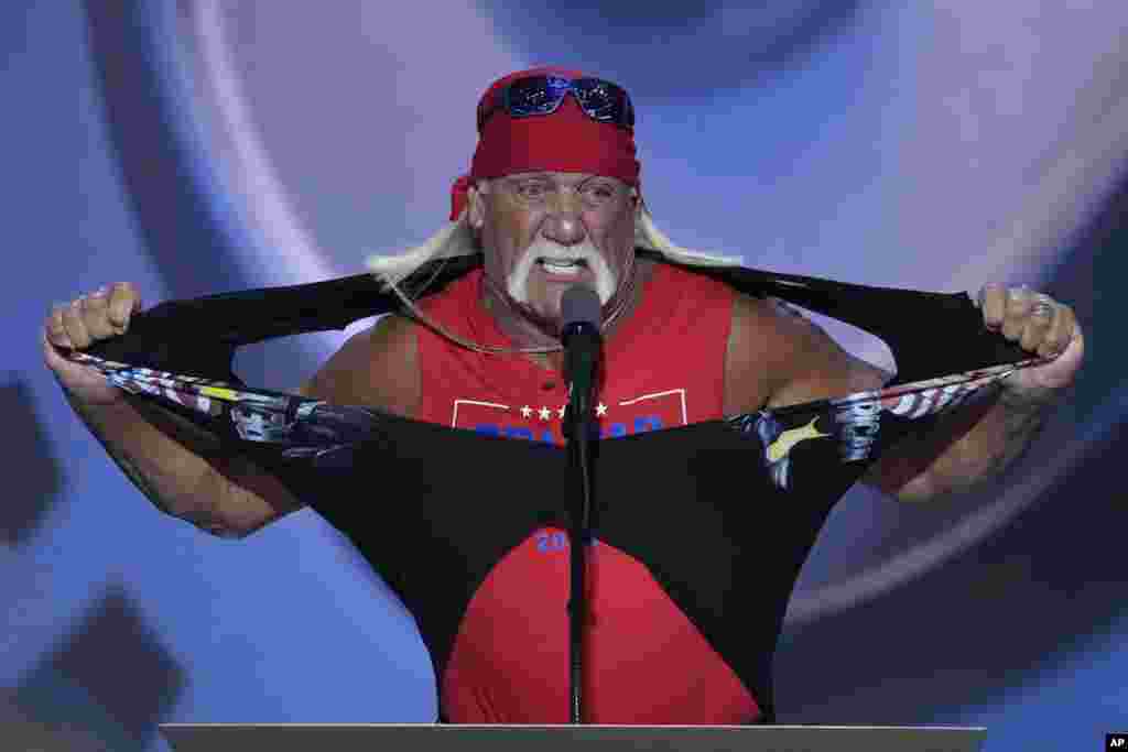 Hulk Hogan tears off his shirt while speaking on the final night of the Republican National Convention, July 18, 2024, in Milwaukee.