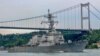 FILE - The U.S. Navy destroyer USS Carney sets sail in the Bosphorus in Istanbul, Turkey, July 14, 2019. The destroyer shot down Houthi drones in the Red Sea on Dec. 3, 2023. 