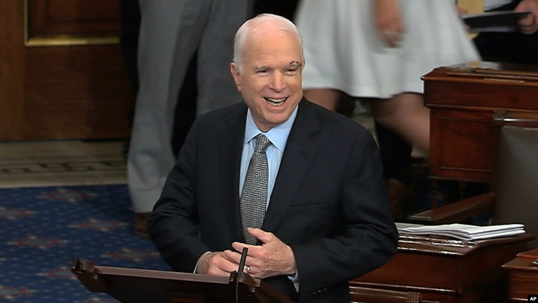 In this image from video provided by Senate Television, Sen. John McCain, R-Ariz. speaks the floor of the Senate on Capitol Hill in Washington, July 25, 2017. McCain returned to Congress for the first time since being diagnosed with brain cancer.