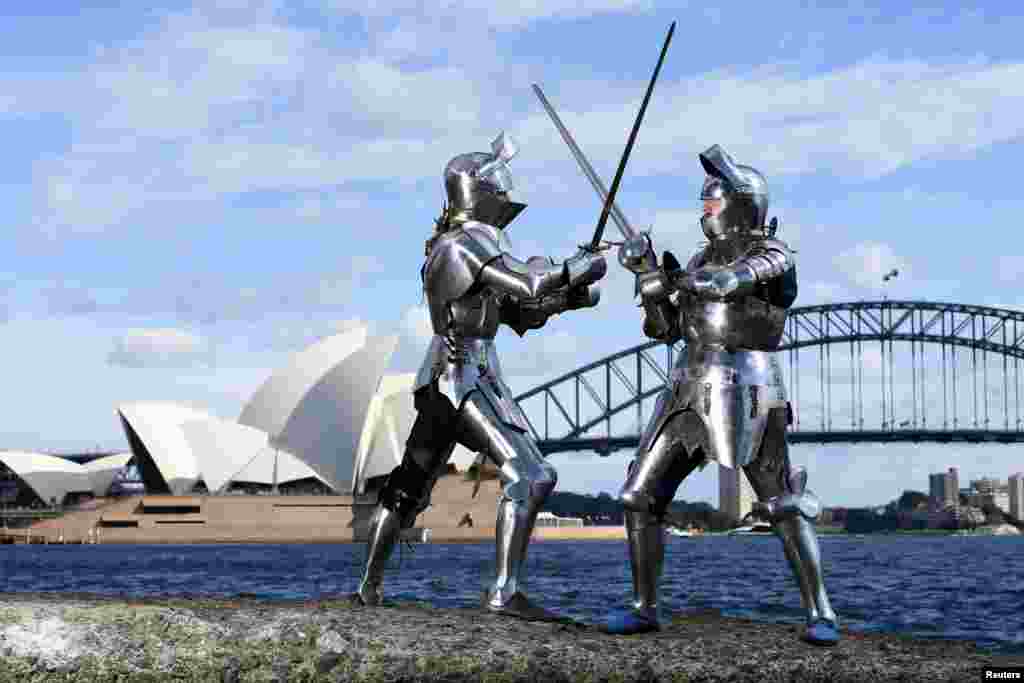 Medieval jousters Luke Binks and Andrew McKinnon pose for a photograph in Sydney, Australia.