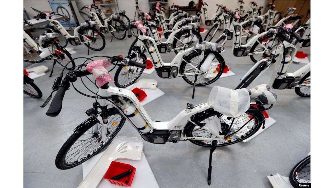 Alpha bikes, first industrialized bicycle to use a hydrogen fuel cell, are displayed at the Pragma Industries factory in Biarritz, France, Jan. 15, 2018.