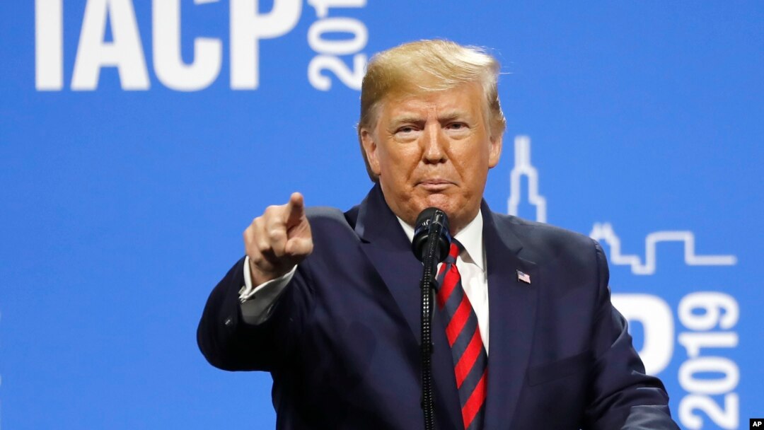 President Donald Trump speaks at the International Association of Chiefs of Police Convention Monday, Oct. 28, 2019, in Chicago. (AP Photo/Charles Rex Arbogast)