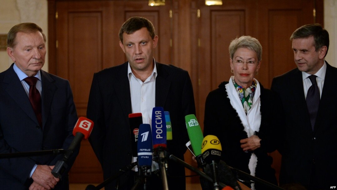 Russian Ambassador to Ukraine Mikhail Zurabov make an official statement on the signing of the cease-fire agreement in Minsk, on Sept. 5, 2014.