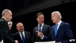 US President Joe Biden (R) speaks with Netherland's Prime Minister Mark Rutte (2nd R), Turkish President Recep Tayyip Erdogan (L) and
Foreign minister Mevlut Çavusoglu (3rd L) at the NATO summit in Madrid, June 29, 2022.