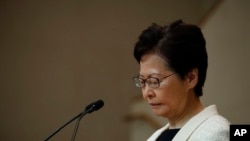 Hong Kong Chief Executive Carrie Lam reacts during a press conference in Hong Kong, Sept. 3, 2019. 