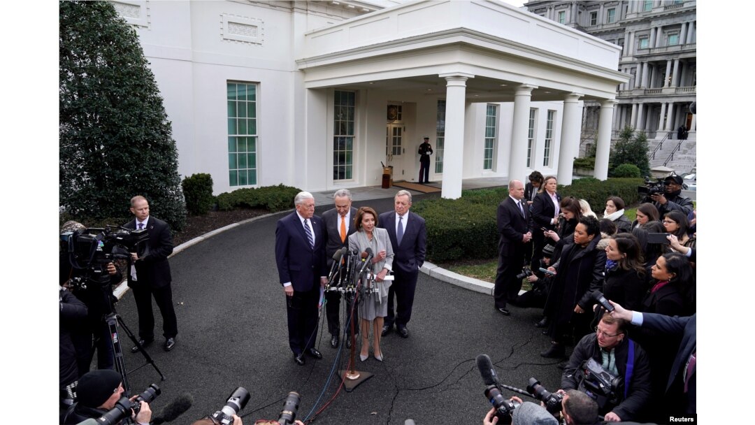 From left, House Majority Leader Steny Hoyer, Senate Minority Leader Chuck Schumer, Speaker of the House Nancy Pelosi (D-CA) and Senator Dick Durbin speak after meeting on the 19th day of a partial government shutdown with President Donald Trump at the White House, Jan. 9, 2019.