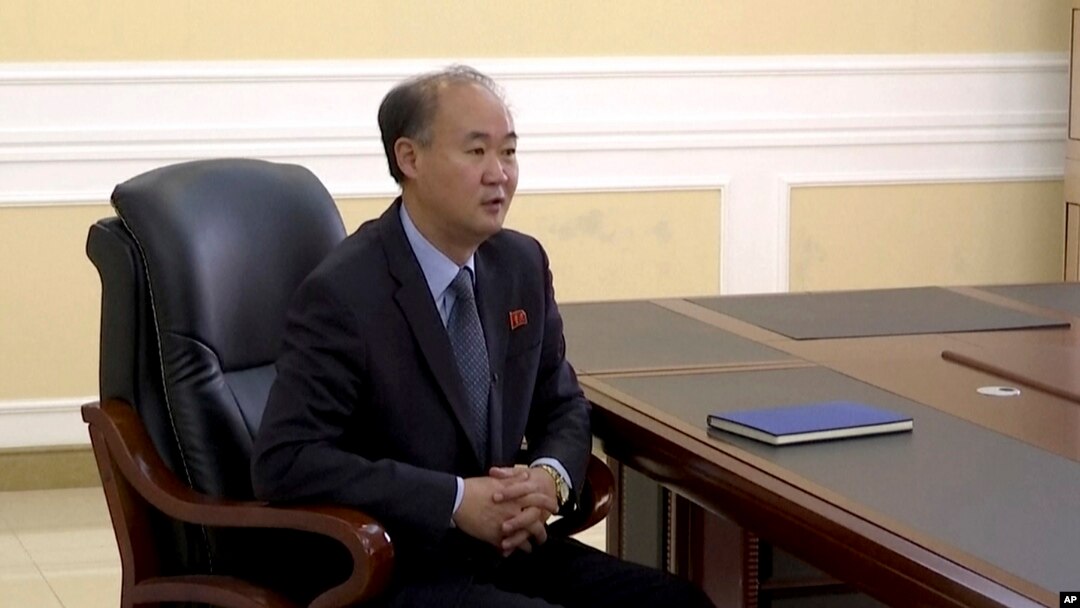 In this image made from video, Pang Kwang Hyok, vice director of the department of international organizations at the North Korean Ministry of Foreign Affairs, speaks during an interview with The Associated Press Television in Pyongyang, North Korea, Oct.