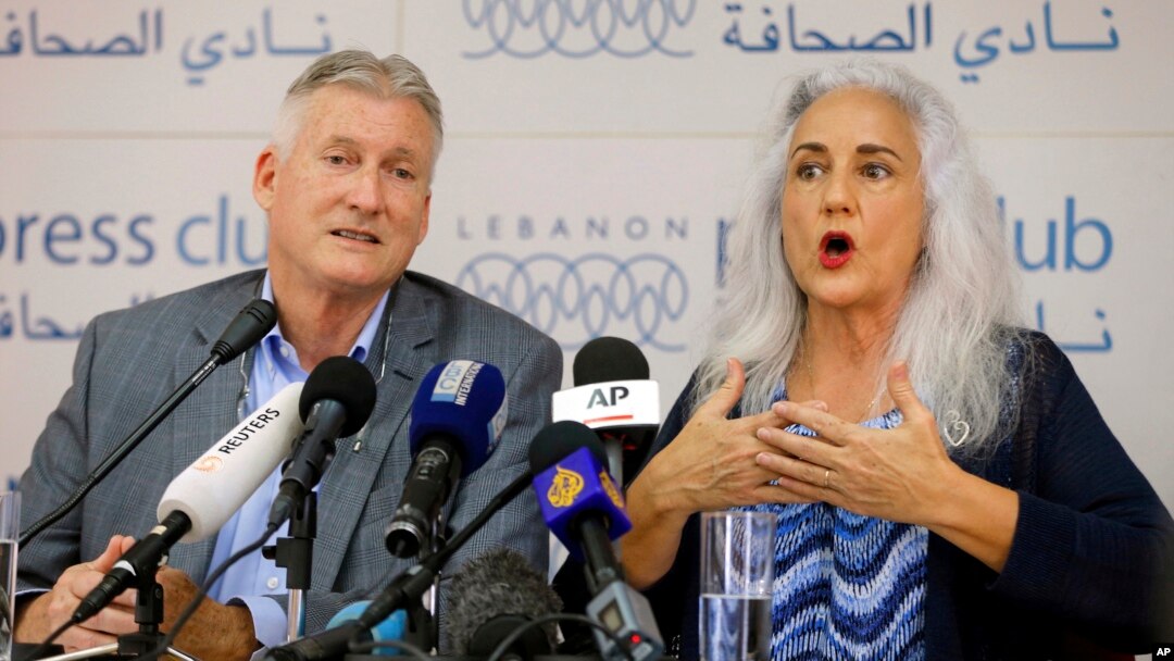 Marc and Debra Tice, the parents of Austin Tice, who went missing in Syria in 2012, speak during a press conference, at the Press Club, in Beirut, Lebanon, July 20, 2017.