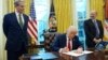 Президент Дональд Трамп підписує розпорядження про створення фонду у присутності міністра фінансів Скотта Бессента (ліворуч) і кандидата на посаду міністра торгівлі Говарда Латника в Овальному кабінеті Білого дому, понеділок, 3 лютого 2025 року, Вашингтон. AP Photo/Evan Vucci