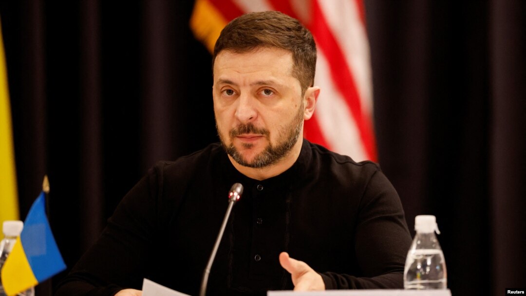Ukraine's President Volodymyr Zelenskiy attends a press conference at the Ukraine Defense Contact Group meeting at Ramstein Air Base, Germany, Jan. 9, 2025. 