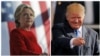 Democratic presidential nominee Hillary Clinton speaks at a campaign rally in Pittsburgh, Pennsylvania, and Republican presidential nominee Donald Trump gestures as he arrives for a campaign rally in Raleigh, North Carolina, Nov. 7, 2016. 