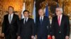 From left, Russian Foreign Minister Sergei Lavrov, Ukraine's Foreign Minister Pavlo Klimkin, French Foreign Minister Jean-Marc Ayrault and German Foreign Minister Frank-Walter Steinmeier gather for talks on the Ukraine crisis in Paris, March 3, 2016. 