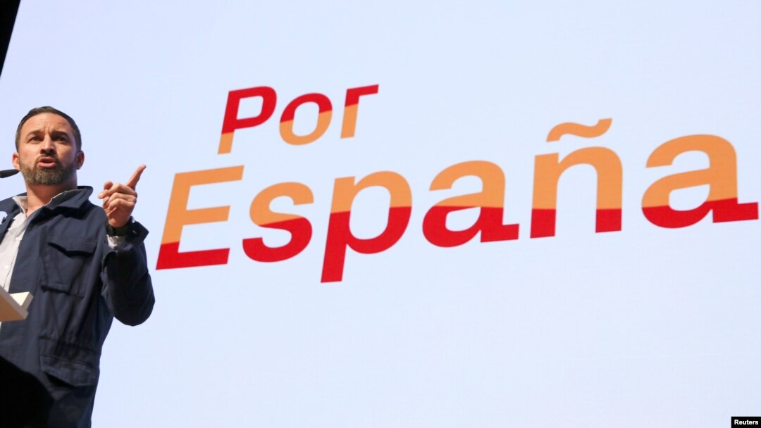 FILE - Santiago Abascal, leader and presidential candidate of Spain's far-right party VOX, speaks at a rally in Toledo, Spain, April 11, 2019. 