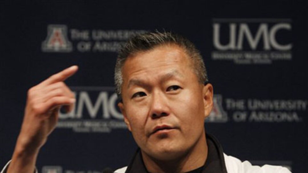 Dr. Peter Rhee answers media questions at University Medical Center in Tuscon, Arizona