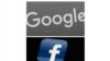FILE - This combination of file photos shows a Google sign and the Facebook app.