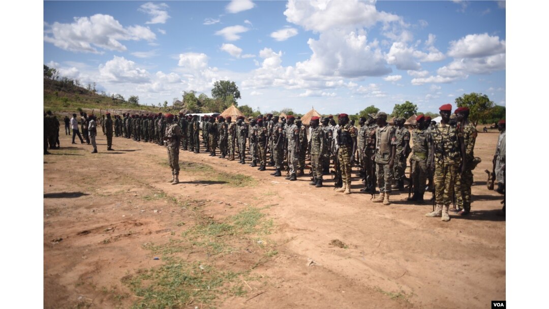 South Sudanese government soldiers stand at attention at Jebel Makor, April 14, 2016. (Credit: Jason Patinkin)