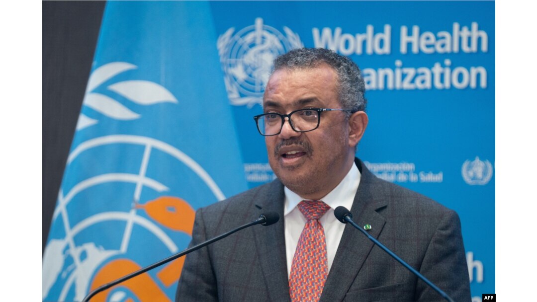 FILE - WHO Director-General Tedros Adhanom Ghebreyesus addresses the special session of the World Health Assembly in Geneva, in this handout picture made available by the World Health Organization on Nov. 29, 2021.