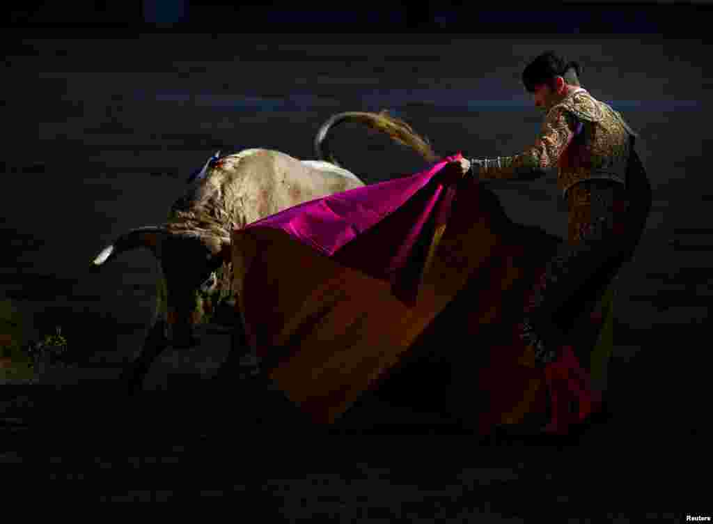 Bullfighter Adrian Henche performs a pass to a bull during the Pilar's bullfighting fair at Las Ventas bullring in Madrid, Spain, Oct. 8, 2017.