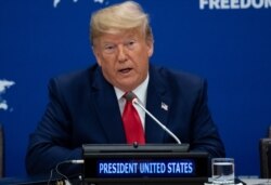 FILE - President Donald Trump attends a U.N. event on religious freedom at U.N. headquarters in New York, Sept. 23, 2019.
