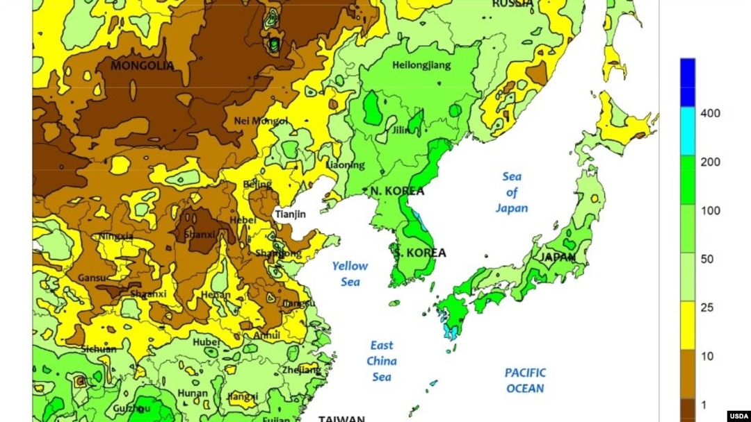 농무부가 15일 발표한 '주간 날씨와 작황' 보고서에서 9월 6일에서 12일 한반도 강수량 예측치를 공개했다. 자료 제공: USDA 보고서 캡처 NOAA 