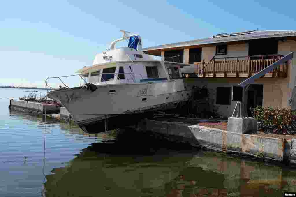A damaged boat is pictured after Hurricane Irma in Cudjoe Key, Florida, Sept. 17, 2017.