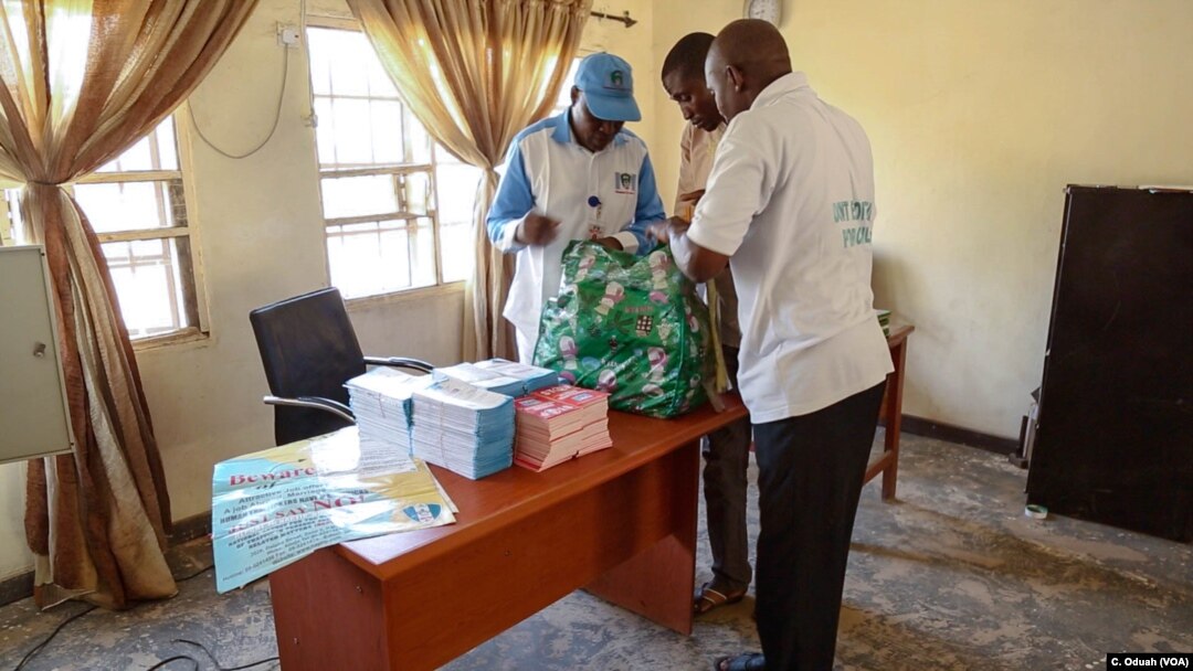 Officials from the Nigerian government's anti-trafficking agency are gathering pamphlets to distribute to the public.
