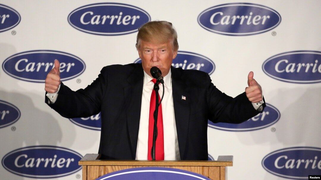 U.S. President-Elect Donald Trump speaks at an event at Carrier HVAC plant in Indianapolis, Indiana, Dec. 1, 2016.