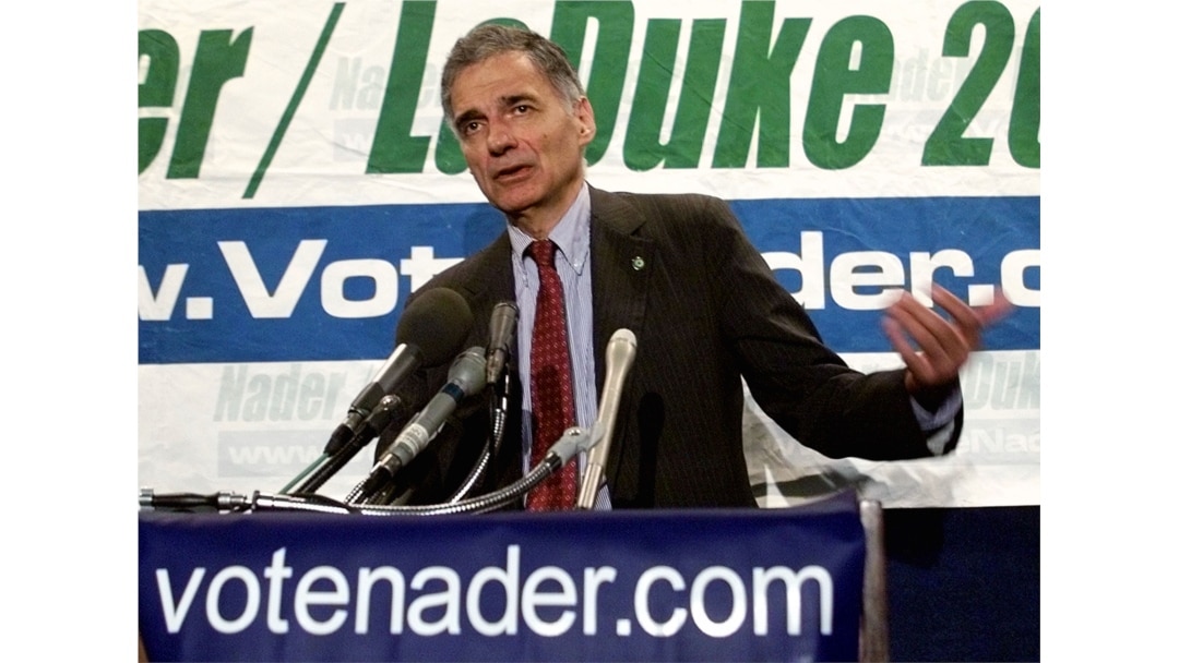 FILE - Green Party Presidential candidate Ralph Nader speaks during a press conference at the National Press Club in Washington, D.C., Sept. 25, 2000.