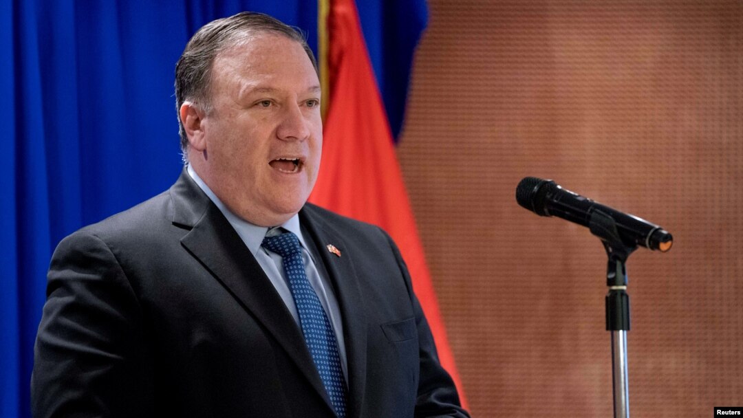 U.S. Secretary of State Mike Pompeo speaks at a Business Community Reception at the Metropole Hotel in Hanoi, Vietnam, July 8, 2018.