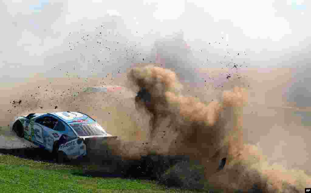 Austin Dillon (3) wrecks during a NASCAR Talladega auto race at Talladega Superspeedway, April 29, 2018, in Talladega, Alabama.