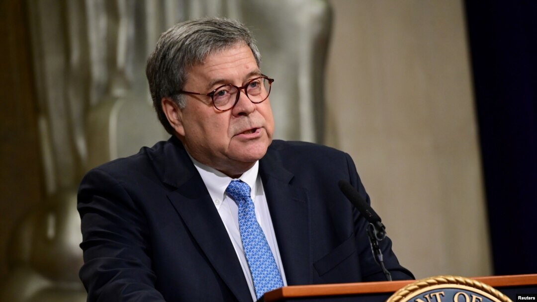 FILE - U.S. Attorney General William Barr speaks at the Justice Department in Washington, July 15, 2019. 