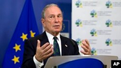Michael Bloomberg, U.N. special envoy for cities and climate change, speaks to reporters at EU headquarters in Brussels about cities' cooperative efforts to combat climate change, June 22, 2016.
