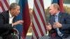 President Barack Obama, left, speaks at the White House in Washington, Nov. 14, 2016, and Russia's President Vladimir Putin delivers a speech in Moscow, Dec. 8, 2016, in these AP photos. 
