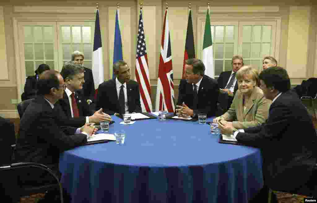 Fransiya rahbari Fransua Olland, Ukraina prezidenti Petro Poroshenko, Amerika rahbari Barak Obama, Britaniya Bosh vaziri Deyvid Kameron, Germaniya kansleri Angela Merkel va Italiya Bosh vaziri Metteo Renzi Ukrainadagi ahvolni muhokama qilayapti.