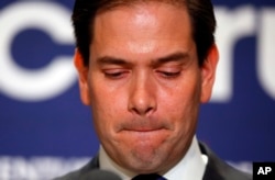 Republican presidential candidate Sen. Marco Rubio, R-Fla., speaks during a Republican primary night celebration rally at Florida International University in Miami, Florida, March 15, 2016. Rubio is ending his campaign for the Republican nomination for pr