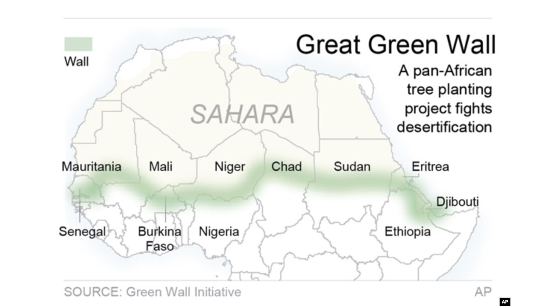 A map shows the idea for the Great Green Wall in Africa.