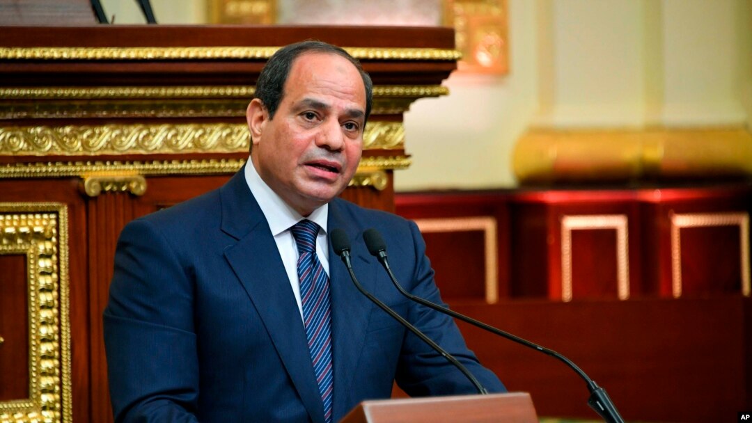 This photo provided by Egypt’s presidency media office, Egyptian President Abdel-Fattah el-Sissi addresses the chamber after he was sworn in for a second four-year term on June 2, 2018 in Cairo. 