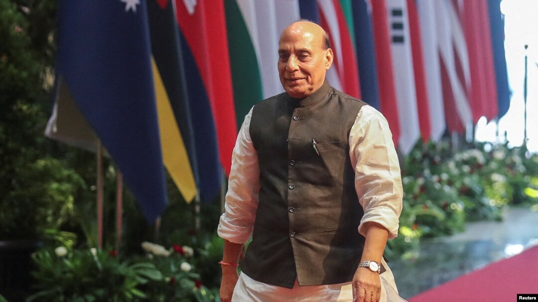 FILE - Indian Defense Minister Rajnath Singh arrives for a meeting of defense ministers in Jakarta, Indonesia, on Nov. 16, 2023. Singh said on an Indian TV news channel on April 5, 2024, that India could enter Pakistan and kill terror suspects who fled over the border.