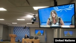Hilde Johnson, Special Representative of the Secretary-General and Head of the UN Mission in the Republic of South Sudan (UNMISS), holds a video press conference from Juba, South Sudan on Dec. 26, 2013.