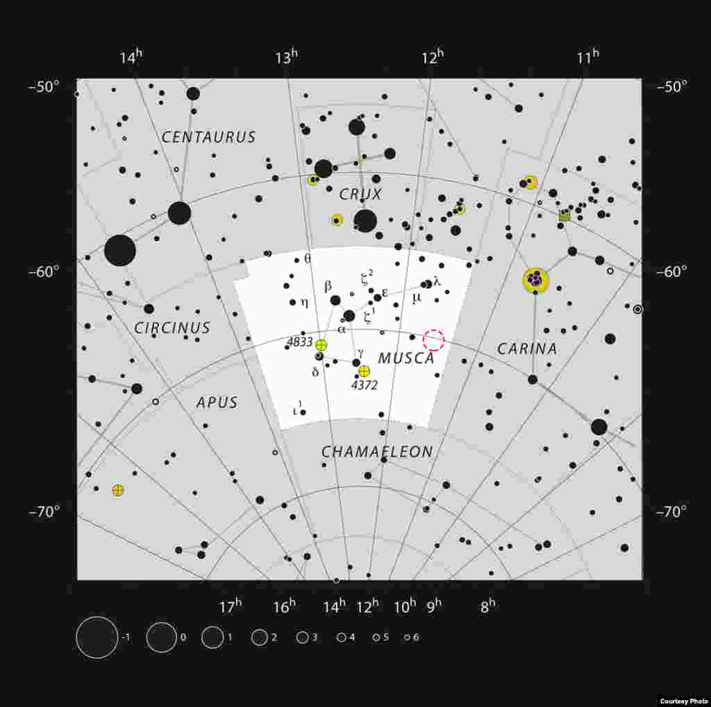 This chart shows the position of the young star HD 100546 in the southern constellation of Musca (The Fly). Most of the stars that are visible to the unaided eye from a clear and dark site are shown. (ESO, IAU and Sky & Telescope)