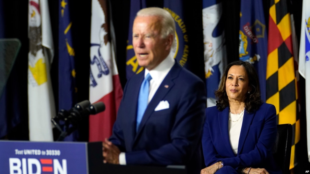 Democratic presidential candidate former Vice President Joe Biden speaks during a campaign event with his running mate Sen. Kamala Harris, D-Calif., at Alexis Dupont High School in Wilmington, Del.