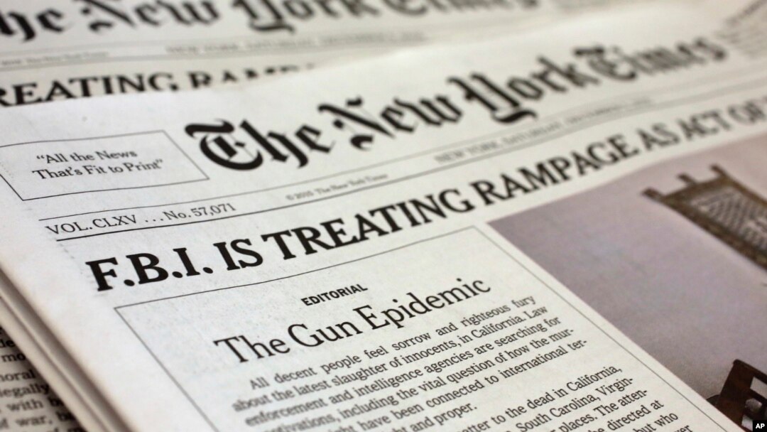 FILE - An editorial appears on the front page of the New York Times, in New York, Dec. 5, 2015. 