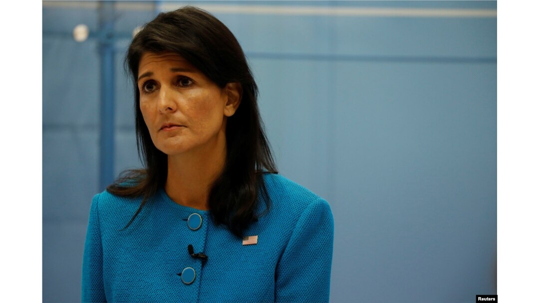 U.S. Ambassador to the United Nations Nikki Haley speaks at the American Enterprise Institute in Washington, Sept. 5, 2017.