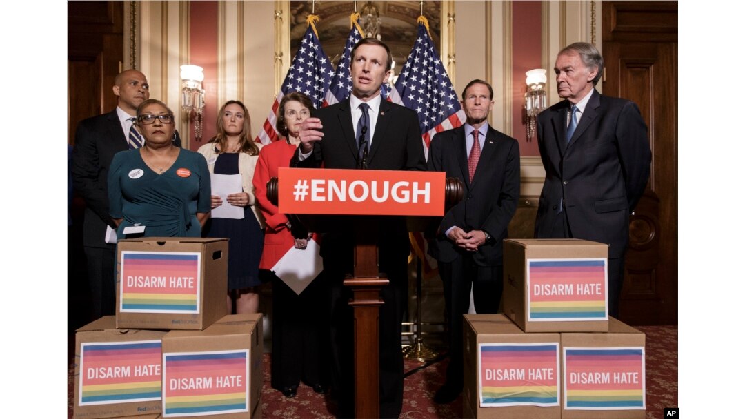 Sen. Chris Murphy, D-Conn., center, and other Democratic senators call for gun control legislation in the wake of the mass shooting in an Orlando LGBT nightclub this week, at the Capitol in Washington, June 16, 2016.