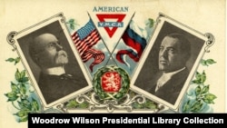 U.S. President Woodrow Wilson, right, is shown in this postcard, circa 1920, alongside Tomas G. Masaryk, the first President of Czechoslovakia. (Courtesy Woodrow Wilson Presidential Library Collection)